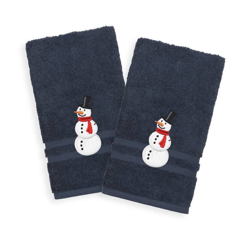 Snowman Embroidered Turkish Cotton Hand Towels (Set of 2) - Navy Blue