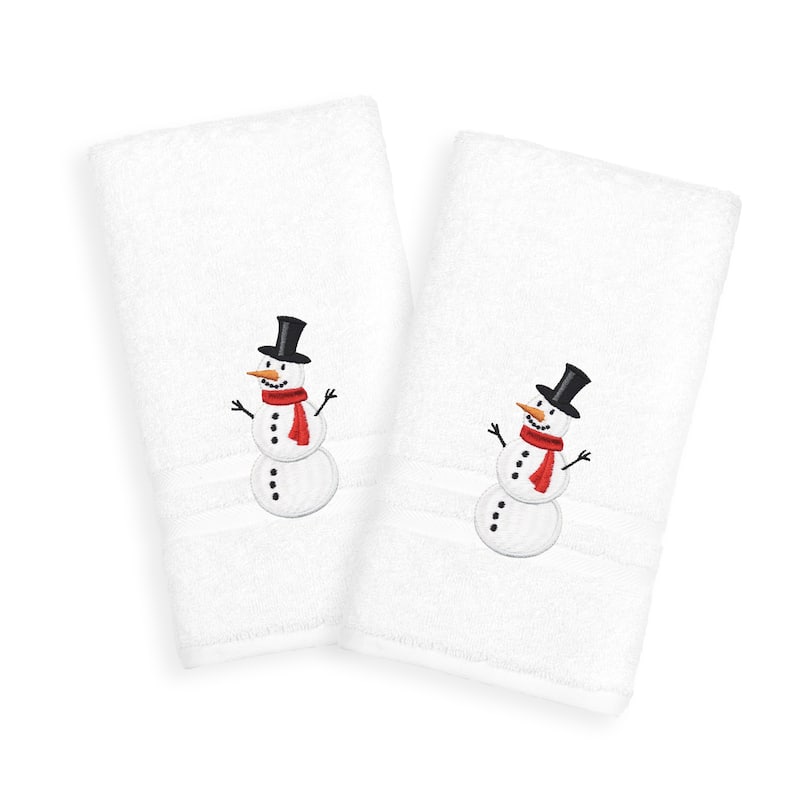Snowman Embroidered Turkish Cotton Hand Towels (Set of 2) - White