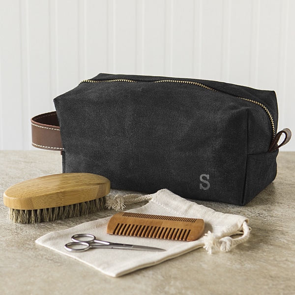 Shop Personalized Men's Waxed Canvas and Leather Dopp Kit with Beard Grooming Set Overstock