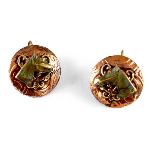 Handmade Patina Horse Head - Embossed Copper Earrings (USA) - Blue. Opens flyout.
