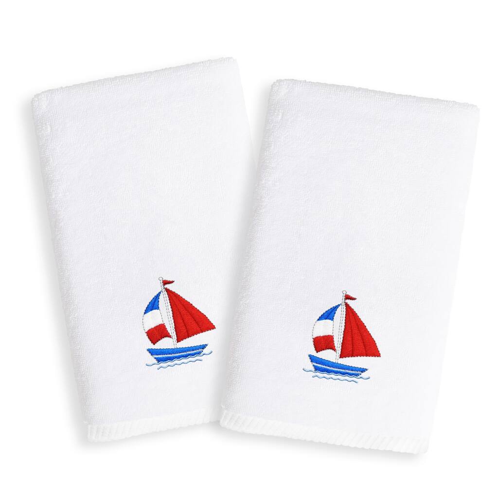 Sweet Kids Sailboat Embroidered White Turkish Cotton Hand Towels (Set of 2)