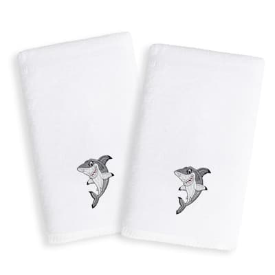 Sweet Kids Shark Embroidered White Turkish Cotton Hand Towels (Set of 2)