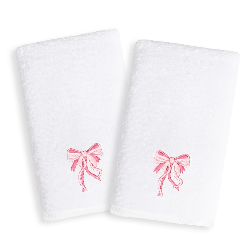 Sweet Kids Pink Bow Embroidered White Turkish Cotton Hand Towels (Set of 2)