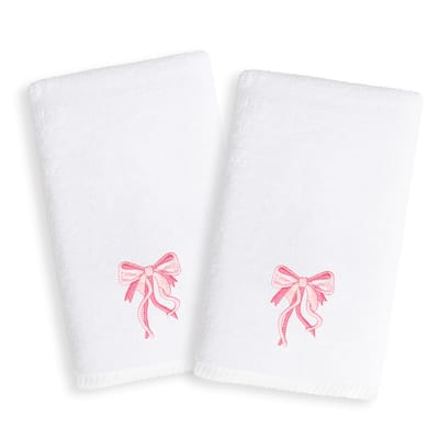 Sweet Kids Pink Bow Embroidered White Turkish Cotton Hand Towels (Set of 2)