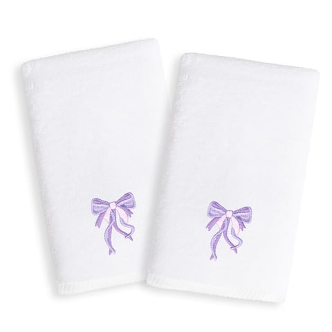 Sweet Kids Purple Bow Embroidered White Turkish Cotton Hand Towels (Set of 2)