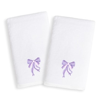 Sweet Kids Purple Bow Embroidered White Turkish Cotton Hand Towels (Set of 2)