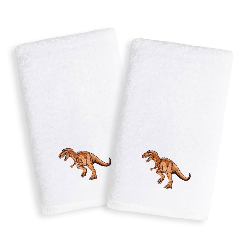 Sweet Kids Dinosaur Embroidered White Turkish Cotton Hand Towels (Set of 2)
