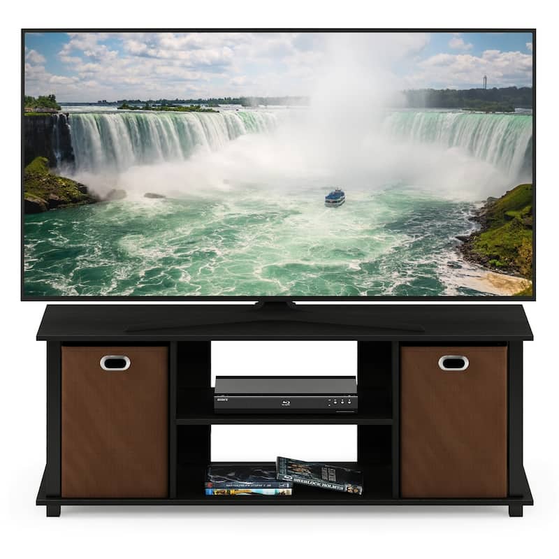Porch & Den Tompkins Black MDF Entertainment Center with Storage Bins - americano/black/brown