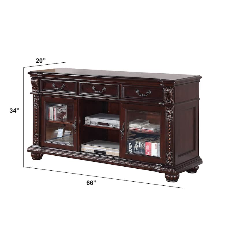 Spacious Poplar Wood TV stand with Traditional Carvings, Brown