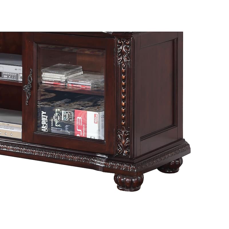 Spacious Poplar Wood TV stand with Traditional Carvings, Brown