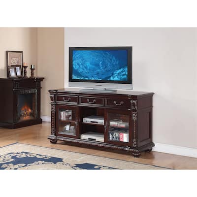 Spacious Poplar Wood TV stand with Traditional Carvings, Brown
