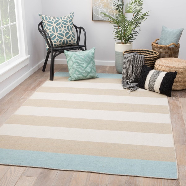 Mendocino Handmade Stripe Tan/ Blue Wool Area Rug (9' x 12') - 8'10" x 11'9"