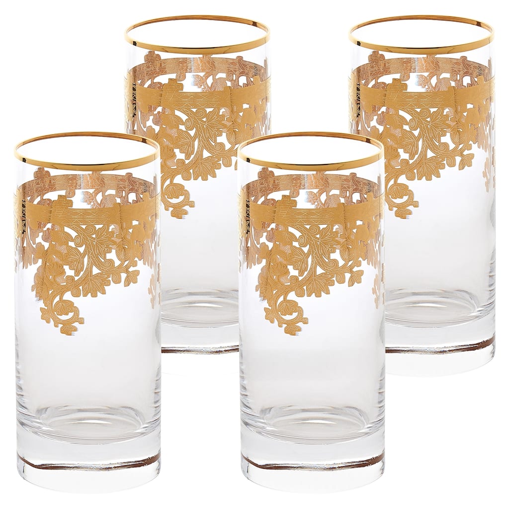 Set of 4 Embellished 24K Gold Crystal High Ball Tumbler-Made In Italy