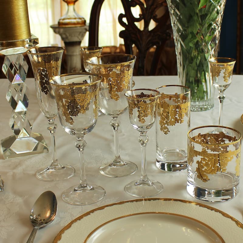 Set of 4 Embellished 24K Gold Crystal White Wine Goblets-Made In Italy