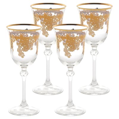 Set of 4 Embellished 24K Gold Crystal White Wine Goblets-Made In Italy