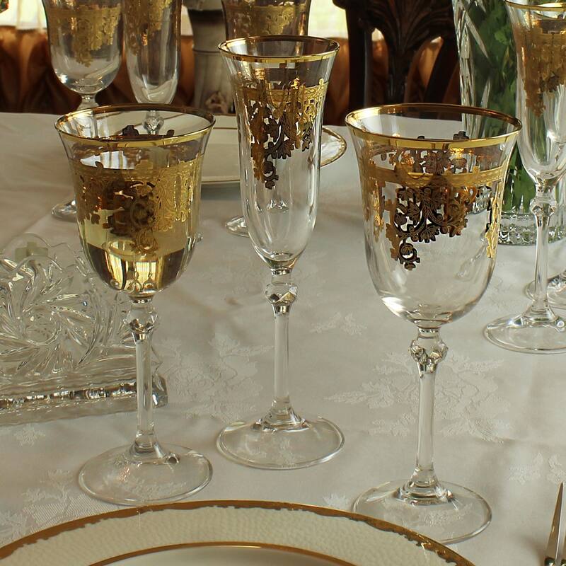Set of 4 Embellished 24K Gold Crystal Flute Goblets-Made In Italy