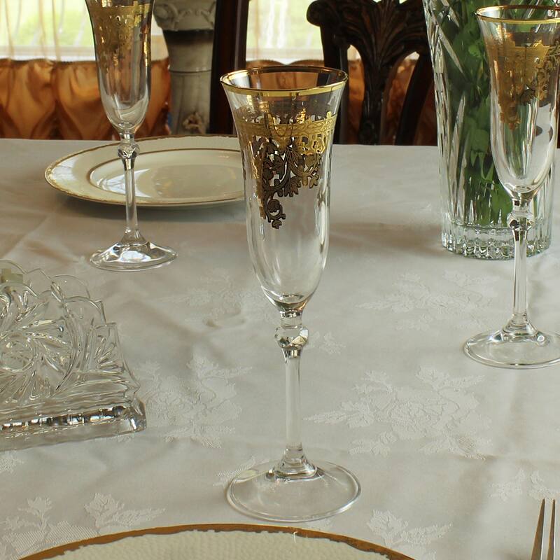 Set of 4 Embellished 24K Gold Crystal Flute Goblets-Made In Italy