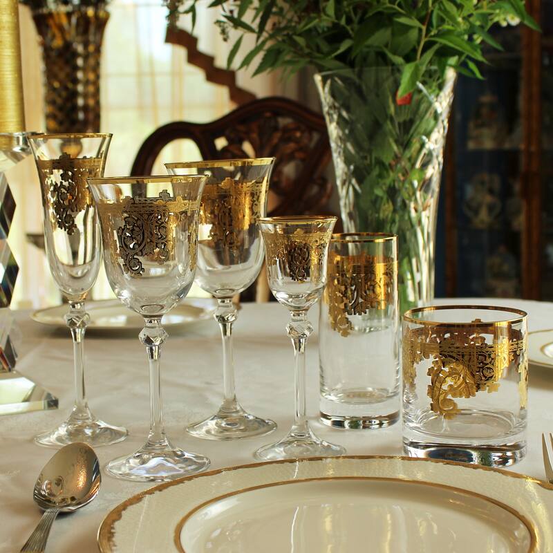 Set of 4 Embellished 24K Gold Crystal Flute Goblets-Made In Italy