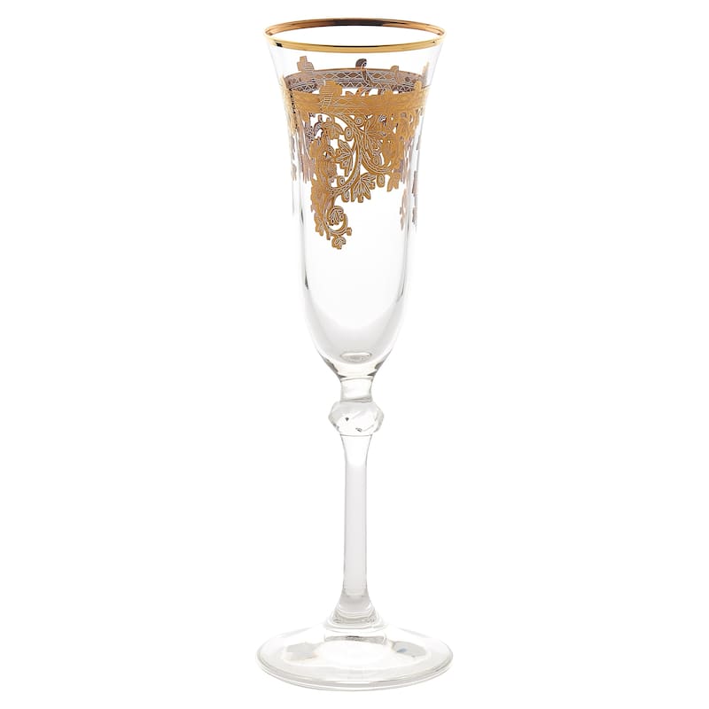 Set of 4 Embellished 24K Gold Crystal Flute Goblets-Made In Italy