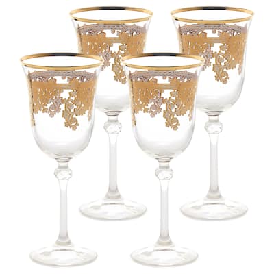 Set of 4 Embellished 24K Gold Crystal Red Wine Goblets-Made In Italy