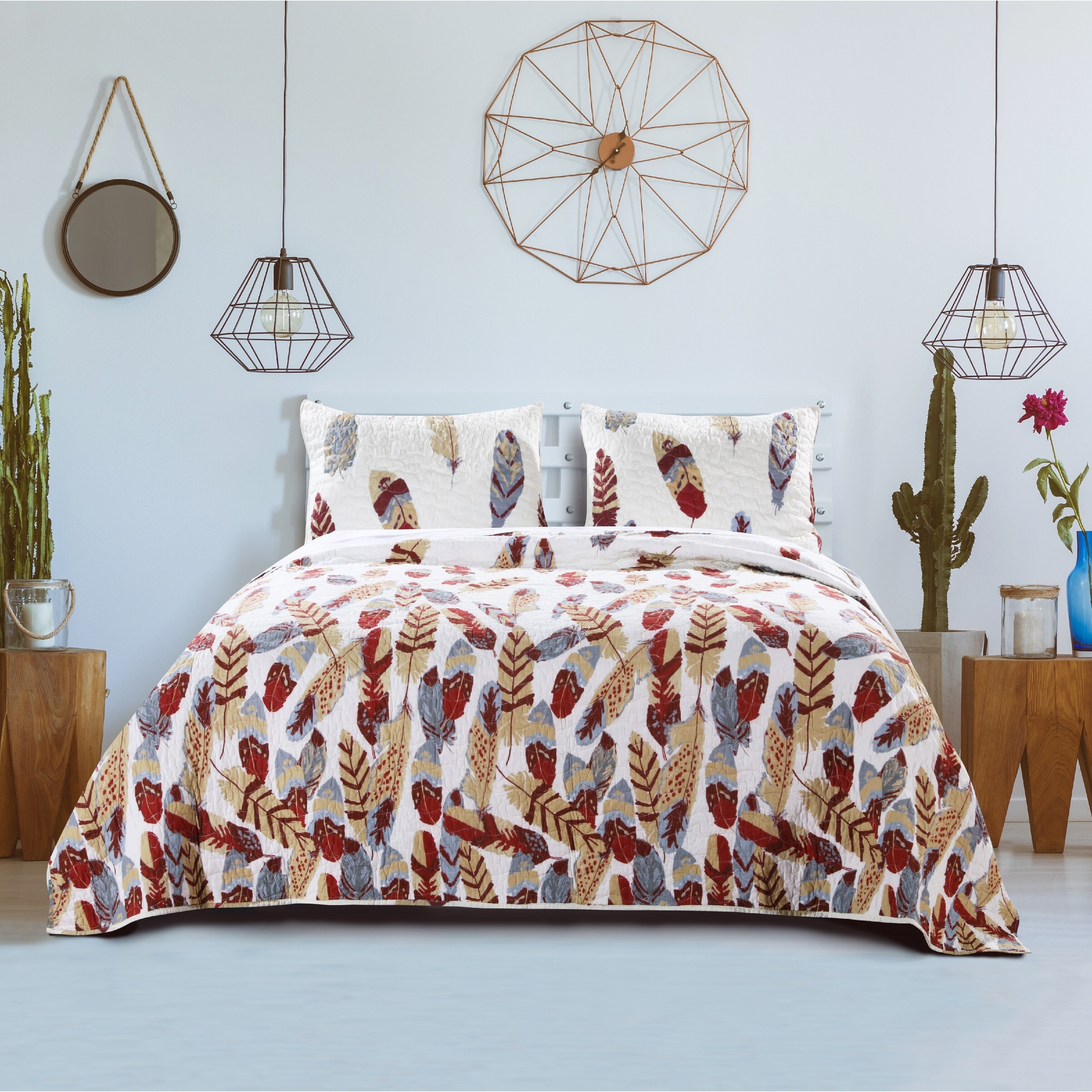 3 Piece Dream Catcher Quilt Set Western Bedspread Comforter Bedding Off-White