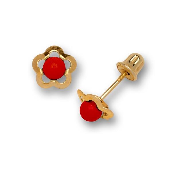 14k Yellow/White Gold Dark Red Simulated Coral Ball Stud Earrings w Screwbacks
