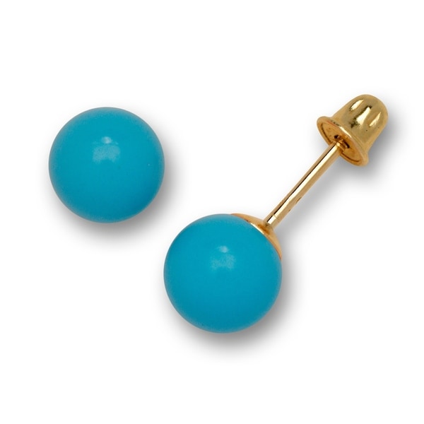 Solid 14k Yellow Gold Created Turquoise Ball Stud Back Solid 14k Yellow Gold Created Turquoise Ball Stud Back Earrings 5 Sizes