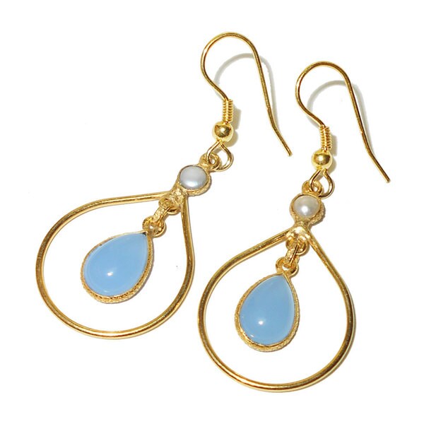 Handmade Gold Overlay Aqua Chalcedony Earrings India Blue Handmade Gold Overlay Aqua Chalcedony Earrings India Blue