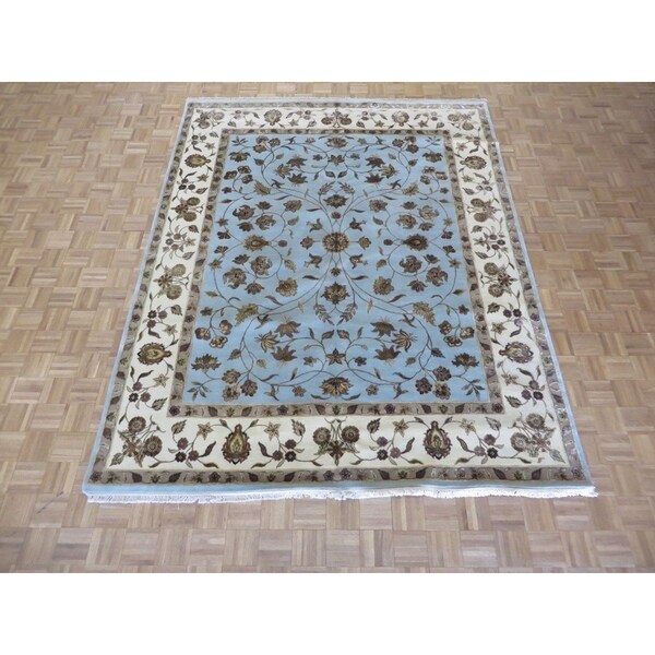 Hand Knotted Sky Blue Tabriz with Wool & Silk Oriental Rug - 8' x 10'1". Opens flyout.