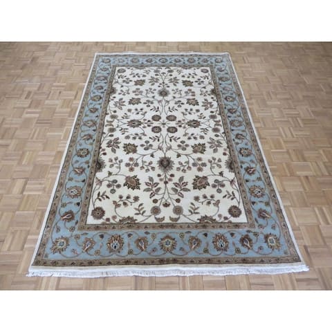Hand Knotted Ivory Tabriz with Wool & Silk Oriental Rug - 6' x 9'3"