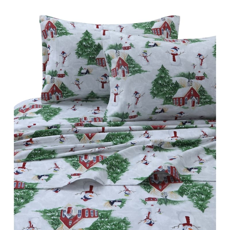 Cozy Flannel Novelty and Holiday Printed Extra Deep Pocket Sheet Set - Full - snowman red green
