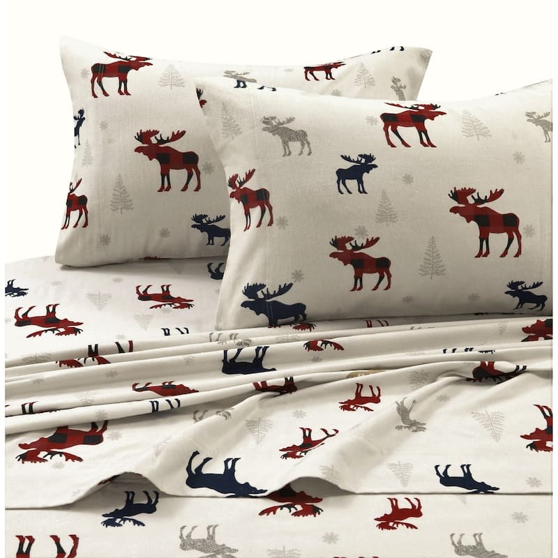 Cozy Flannel Novelty and Holiday Printed Extra Deep Pocket Sheet Set - Queen - plaid moose