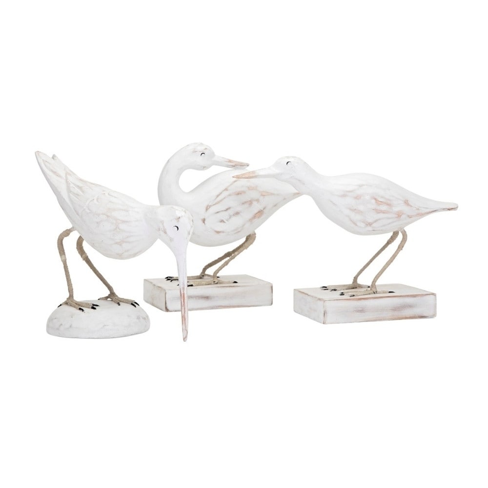 Coastal Carved Wood Seabirds - Set of 3 - White - Benzara