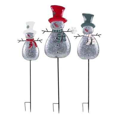 Christmas Metal Snowman Yard Stakes - Set of 3 - Gray - Benzara