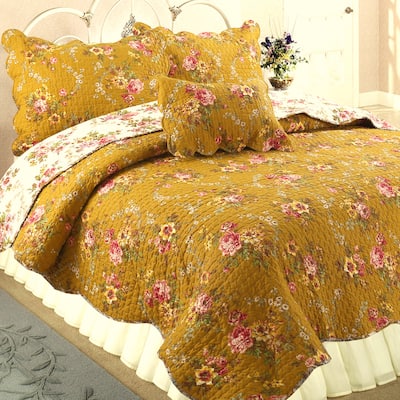 French Country Floral Blooming 3-Piece Cotton Reversible Quilt Bedding Set