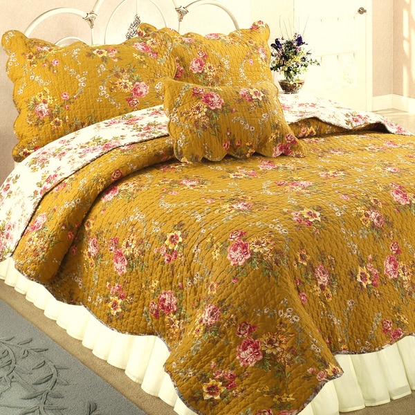French Country Floral Blooming 3-Piece Cotton Reversible Quilt Set