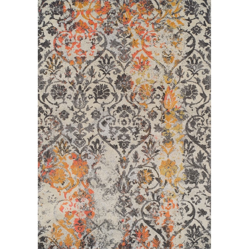 Addison Rugs Platinum Distressed Damask Grey/Ivory/Orange Area Rug (7'10 x 10'7) - 7'10"X10'7" - 7' 10" x 10' 7"