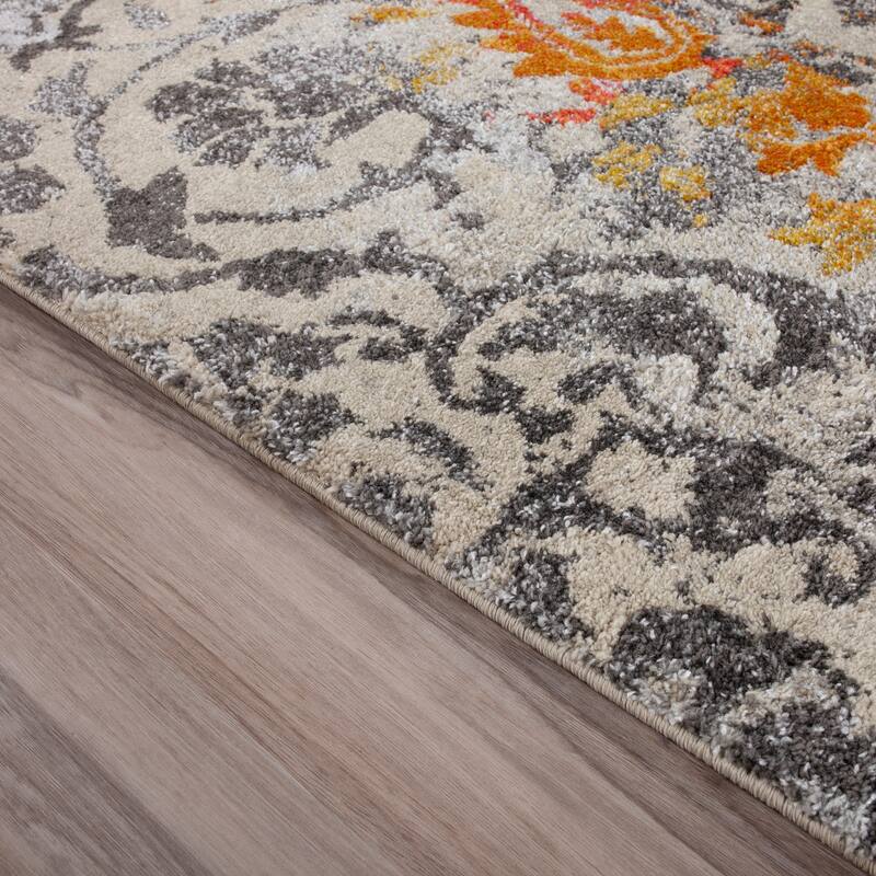 Addison Rugs Platinum Distressed Damask Grey/Ivory/Orange Area Rug (7'10 x 10'7) - 7'10"X10'7" - 7' 10" x 10' 7"