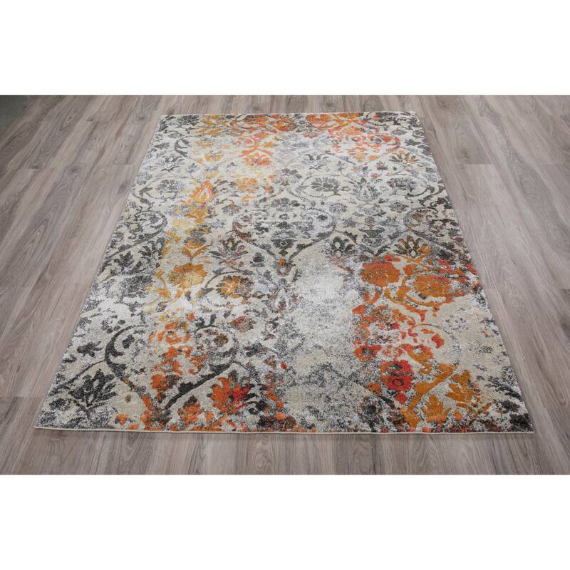 Addison Rugs Platinum Distressed Damask Grey/Ivory/Orange Area Rug (7'10 x 10'7) - 7'10"X10'7" - 7' 10" x 10' 7"