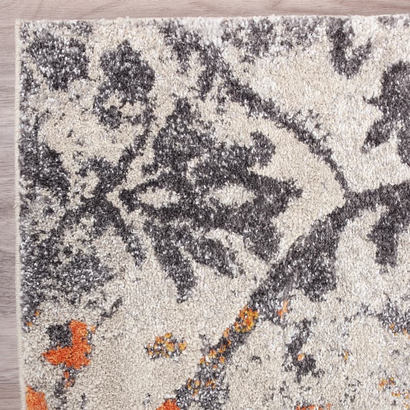 Addison Rugs Platinum Distressed Damask Grey/Ivory/Orange Area Rug (7'10 x 10'7) - 7'10"X10'7" - 7' 10" x 10' 7"