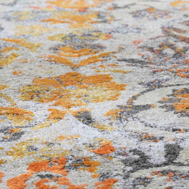 Addison Rugs Platinum Distressed Damask Grey/Ivory/Orange Area Rug (7'10 x 10'7) - 7'10"X10'7" - 7' 10" x 10' 7"