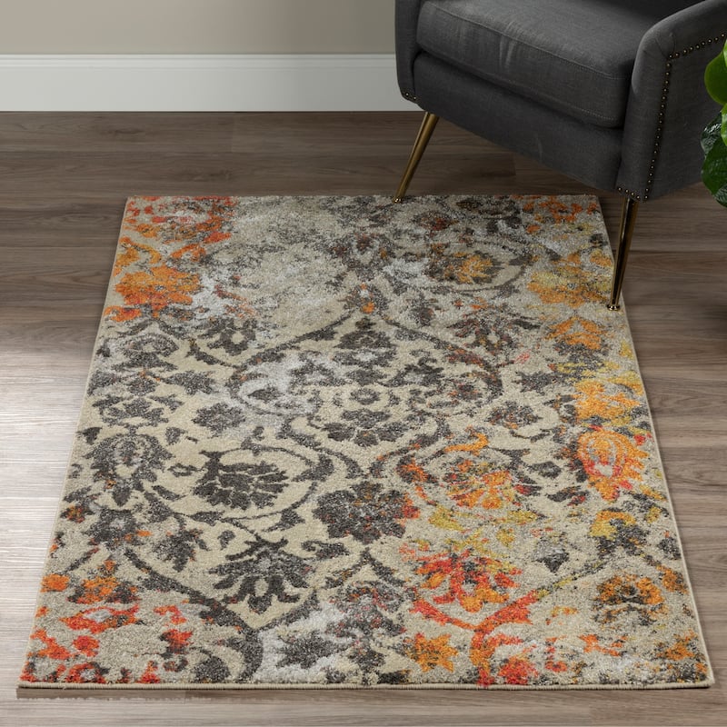 Addison Rugs Platinum Distressed Damask Grey/Ivory/Orange Area Rug (7'10 x 10'7) - 7'10"X10'7" - 7' 10" x 10' 7"