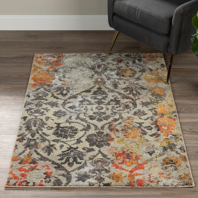 Addison Rugs Platinum Distressed Damask Grey/Ivory/Orange Area Rug (7'10 x 10'7) - 7'10"X10'7"