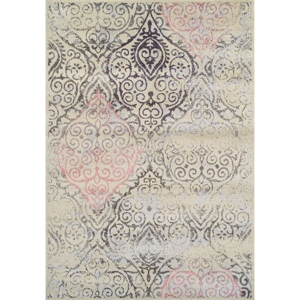 Shop Addison Platinum Vintage Damask Grey/Pink Area Rug (3 ...