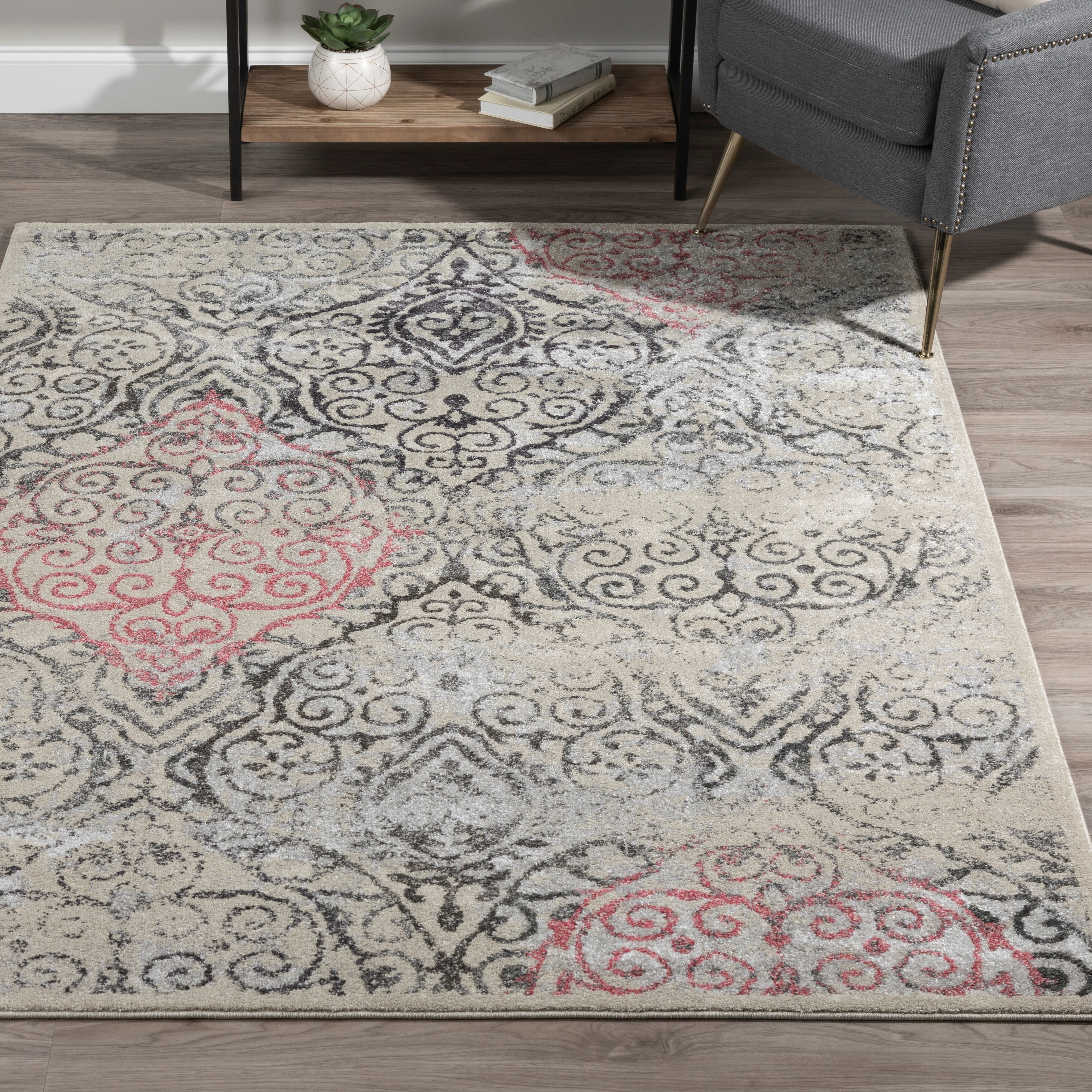 Addison Platinum Vintage Damask Grey Pink Area Rug 3 X 5 Vintage Damask Grey Pink Area Rug