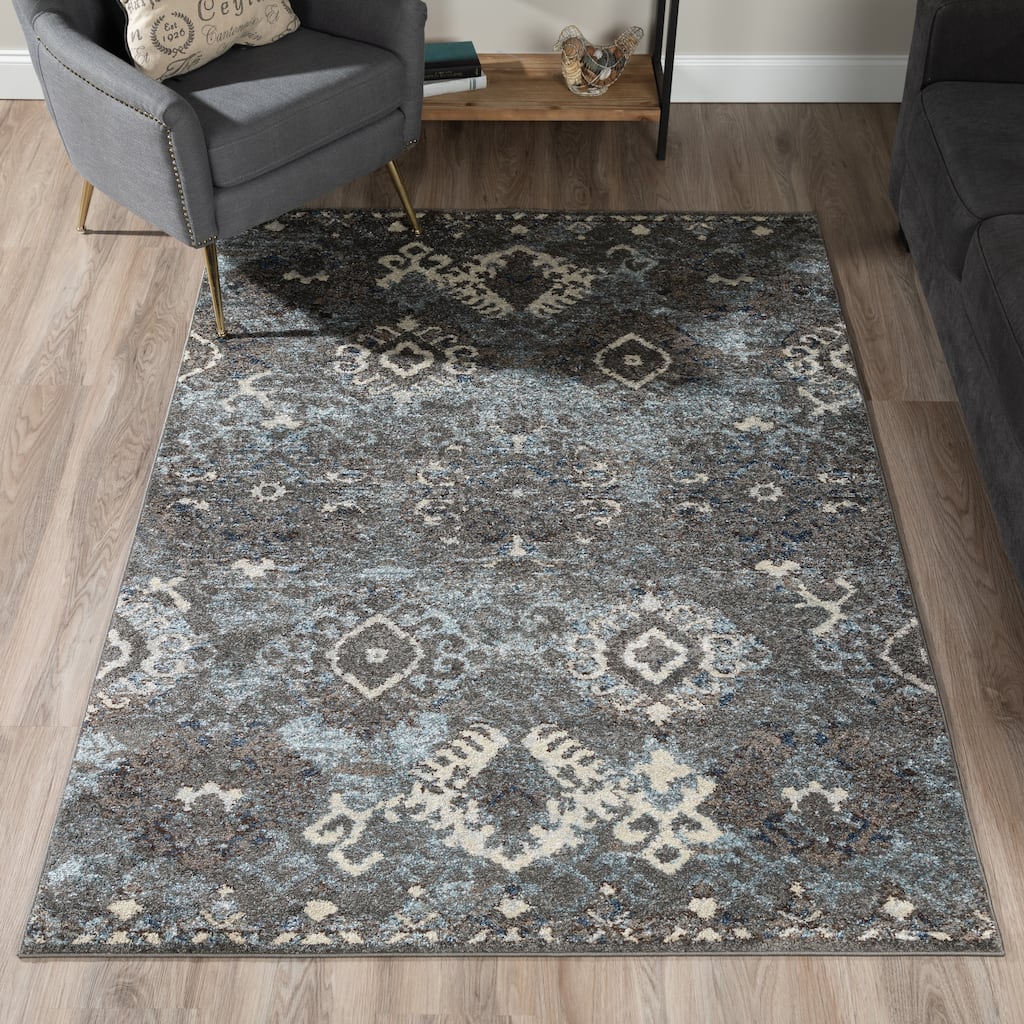 ADDISON Blair Distressed Ikat Gray/Blue Area Rug (8'2"X10') - 8'2"X10'