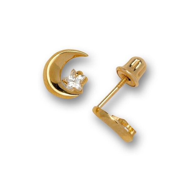 14k Gold Cubic Zirconia Crescent Moon Star Cz Back Stud 14k Gold Cubic Zirconia Crescent Moon Star Cz Back Stud Earrings 5mm X