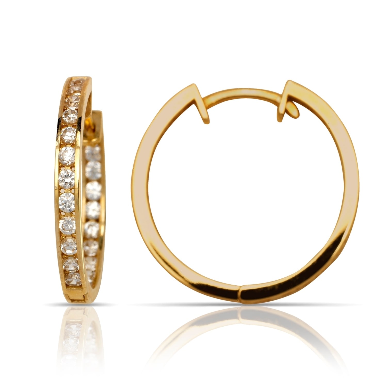 3 Different Size Available 14k REAL Yellow Gold 5mm Thickness CZ Channel Set Hoop Huggie Earrings
