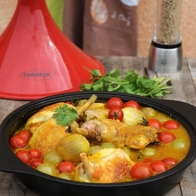 Chasseur 12-inch Cast Iron Tajine with a Ceramic Red Cone Lid