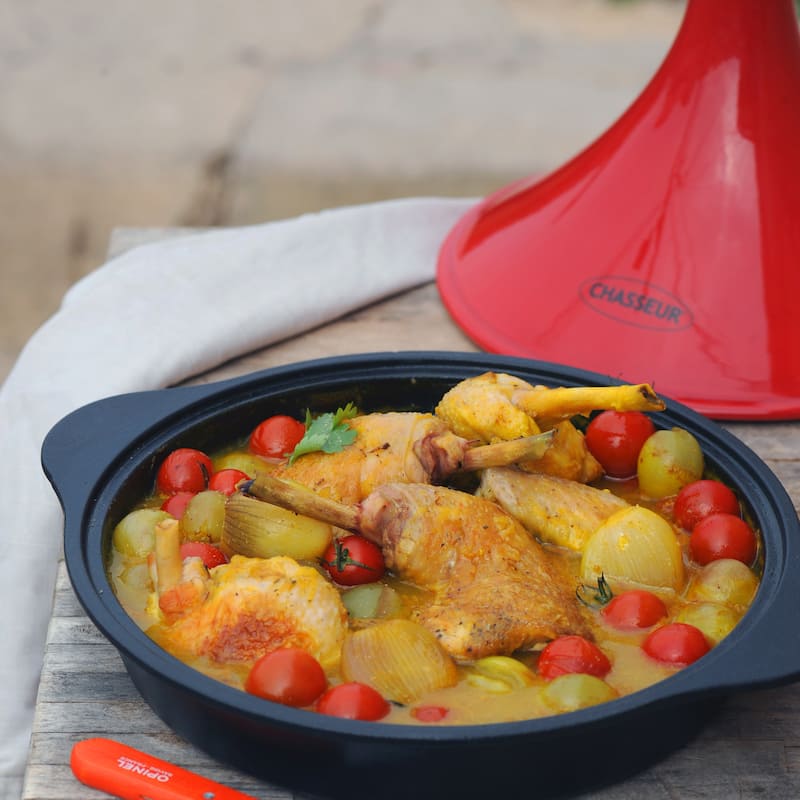 Chasseur 12-inch Cast Iron Tajine with a Ceramic Red Cone Lid